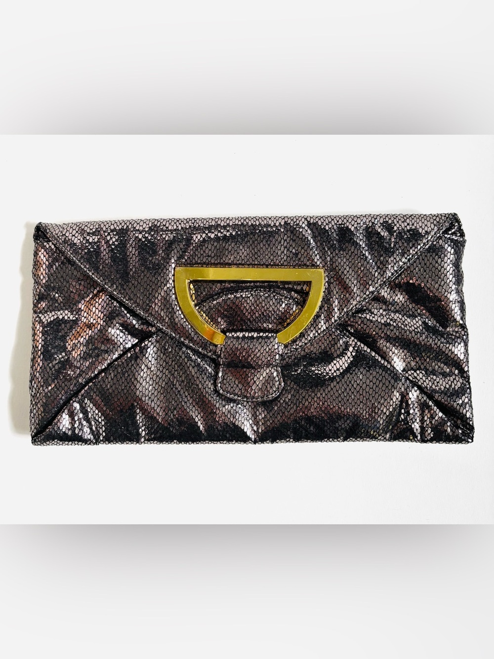 Big Buddha Silver Metallic Faux Snakeskin Clutch